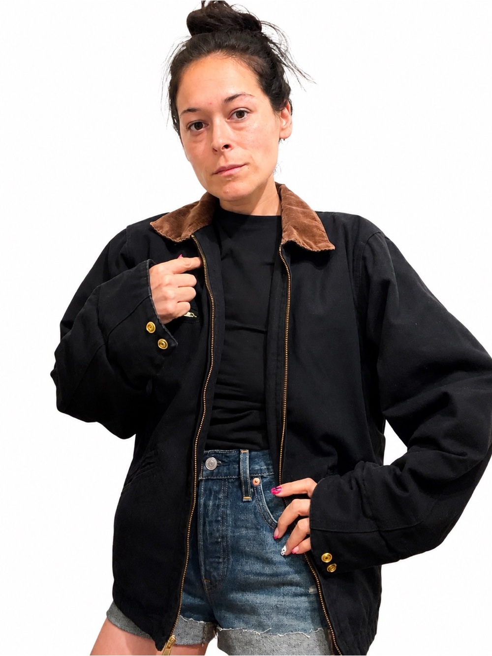 Tri-Mountain Vintage Black Workwear Jacket Brown Corduroy Collar Small